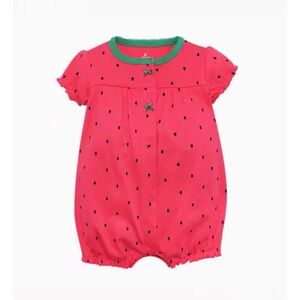 Carters Coral Black & Green Strawberry Bubble Romper Baby Girl Size 6M